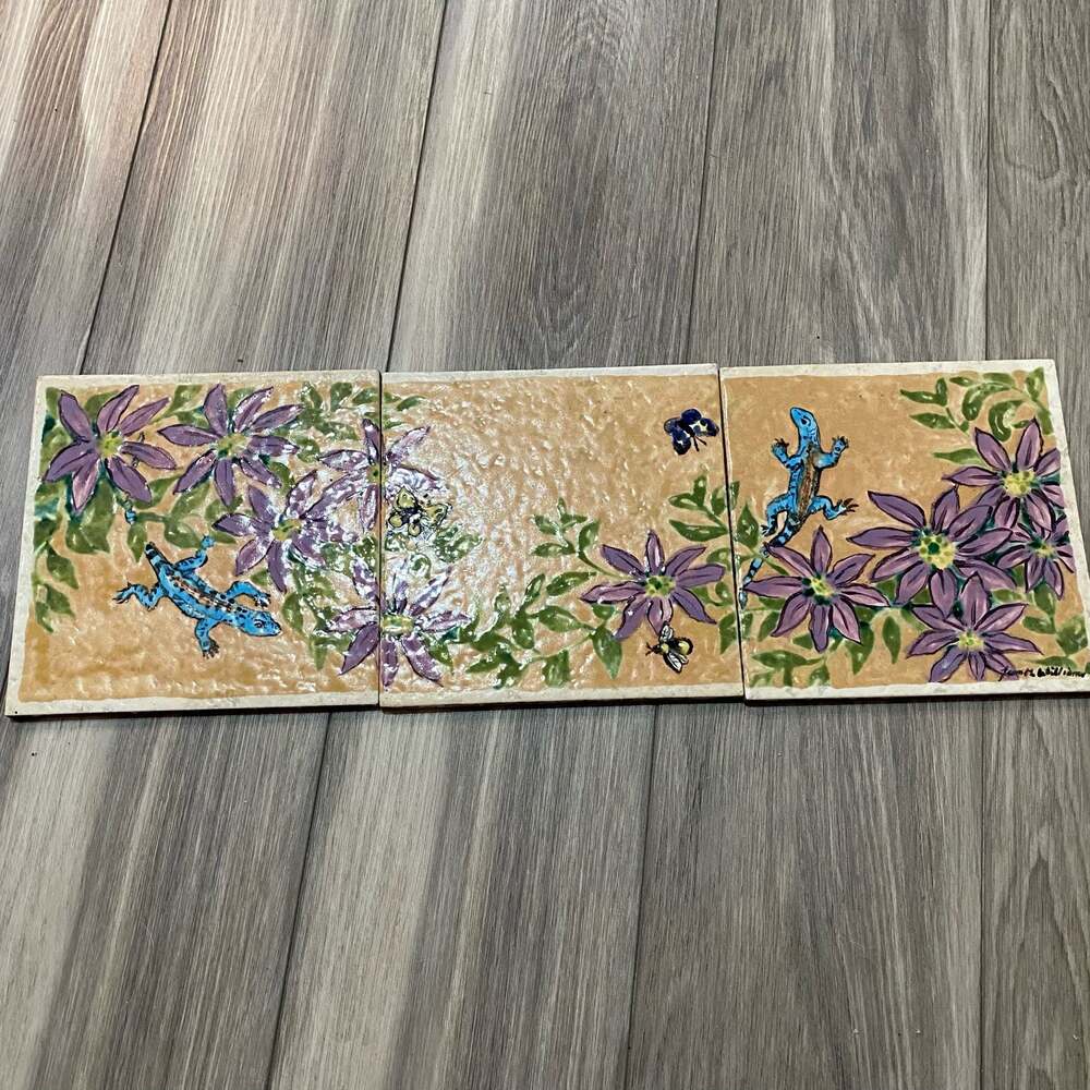 Vintage Hand-Painted Italian Ceramic Tiles Butterflies Purple Flowers Lizards